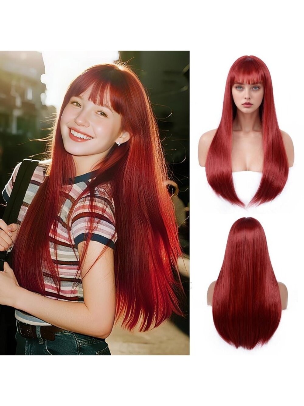 Women's Red 24 Inch Heat Resistant Synthetic Long Straight Bangs Wig
